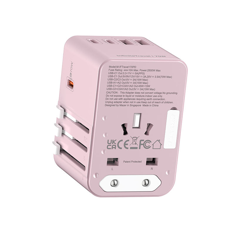 Mazer M-IFTravel170PD-PK InfiniteTravel GaN PD70W 3C+2A World Travel Charger (Pink)