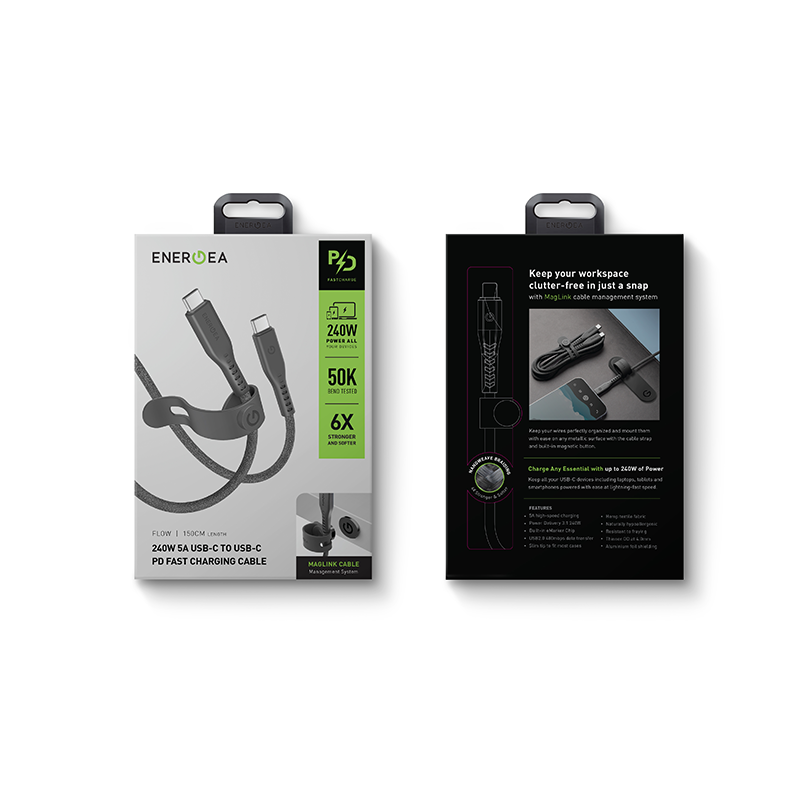 Energea Flow 240W USBC-C 1.5m Cable w Cable Tie (Black)