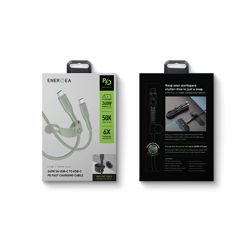 Energea Flow 240W USBC-C 1.5m Cable w Cable Tie (Green)
