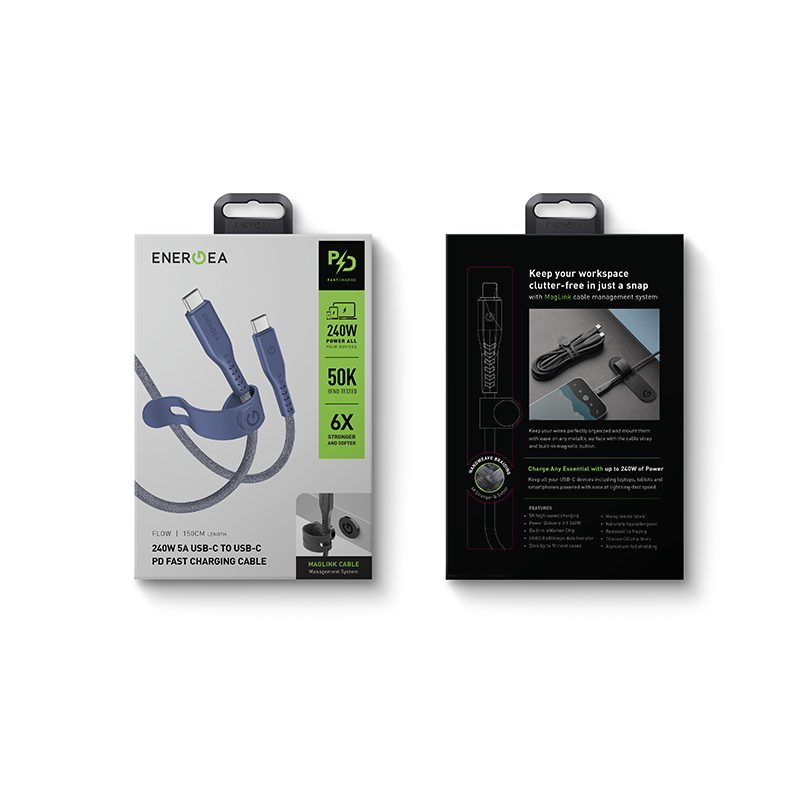 Energea Flow 240W USBC-C 1.5m Cable w Cable Tie (Blue)