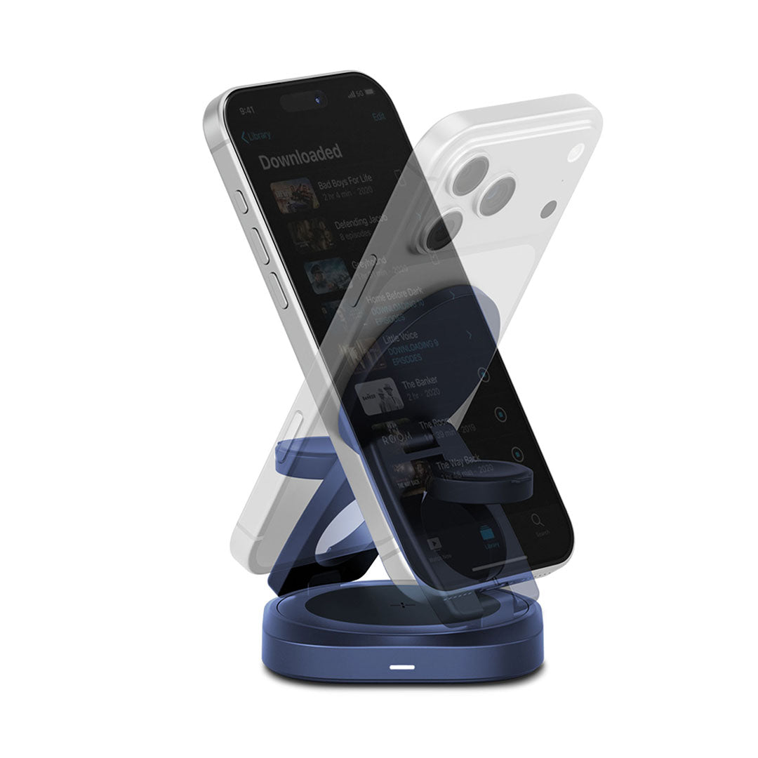 Energea AluMag Gyro 3-in-1 Rotating Qi2 25W Foldable Wireless Charger - Indigo Blue