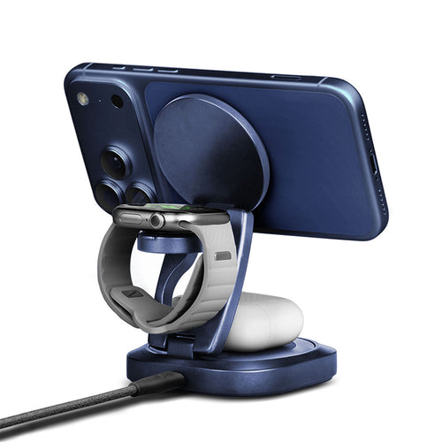 Energea AluMag Gyro 3-in-1 Rotating Qi2 25W Foldable Wireless Charger - Indigo Blue