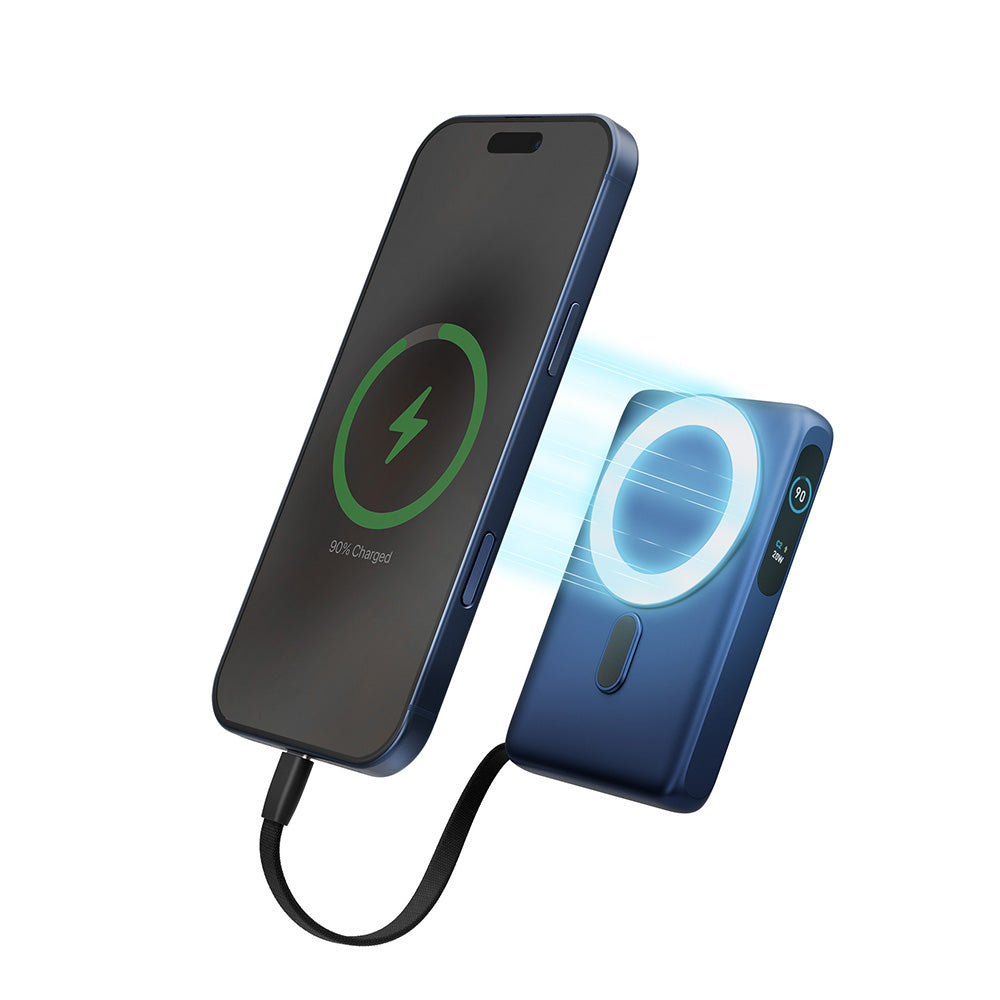 Energea MagPac Ultra 10kmAh Qi2 25W Power Bank with Built-In Cable+Stand PD35W (Indigo Blue)