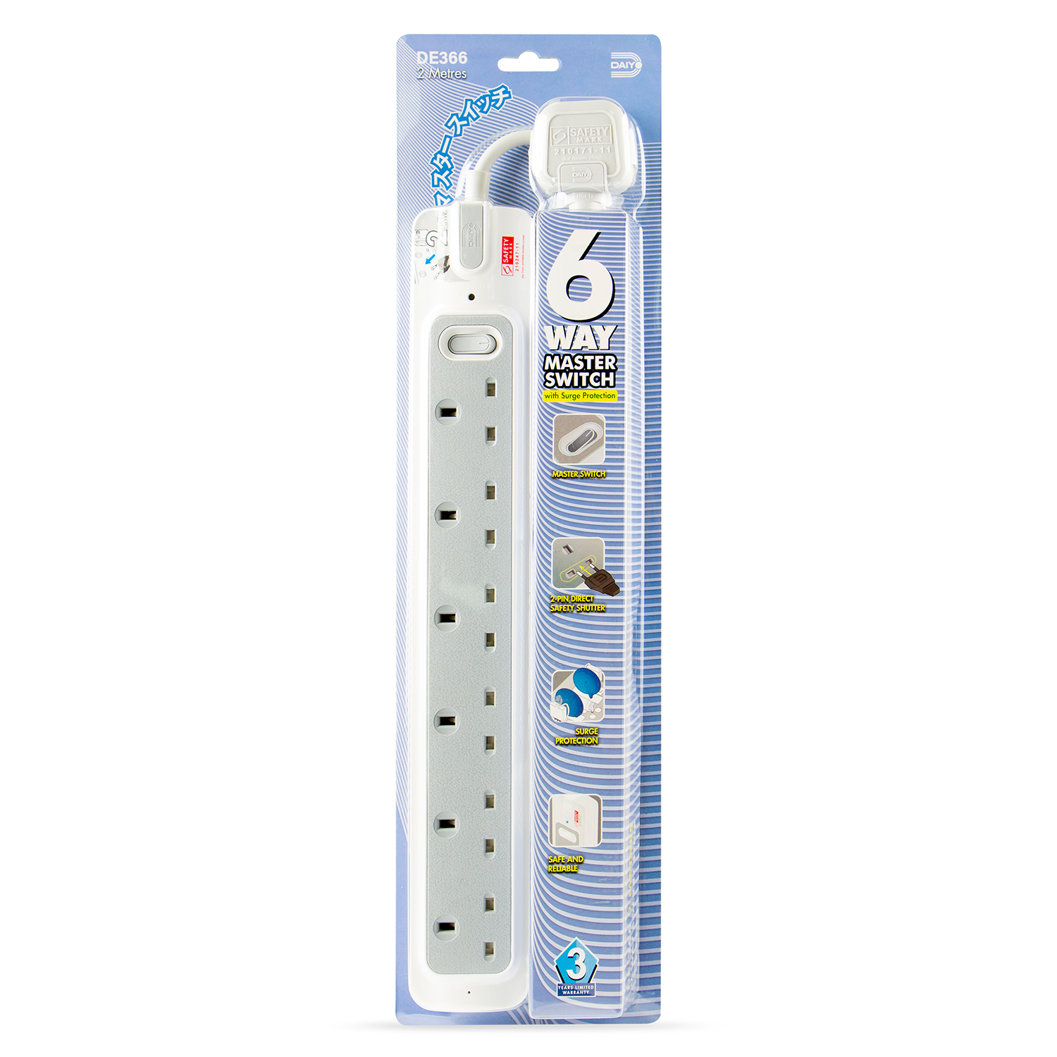 Daiyo DE366 2M 6Way Master Switch Socket Strip with Surge