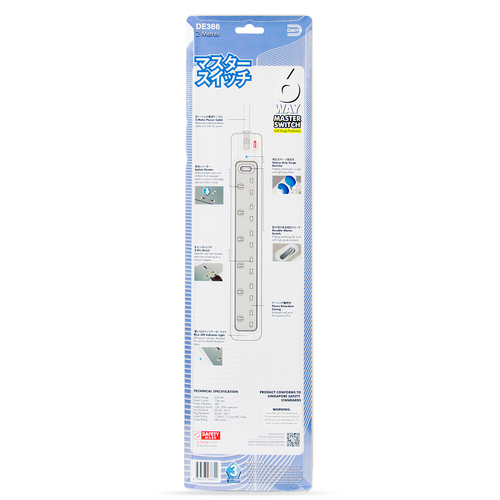 Daiyo DE366 2M 6Way Master Switch Socket Strip with Surge