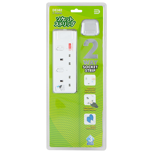 Daiyo DE382-3M LED 2 Way Socket Strip w Surge 3M