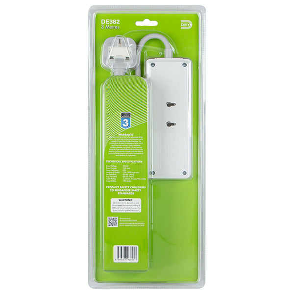 Daiyo DE382-3M LED 2 Way Socket Strip w Surge 3M