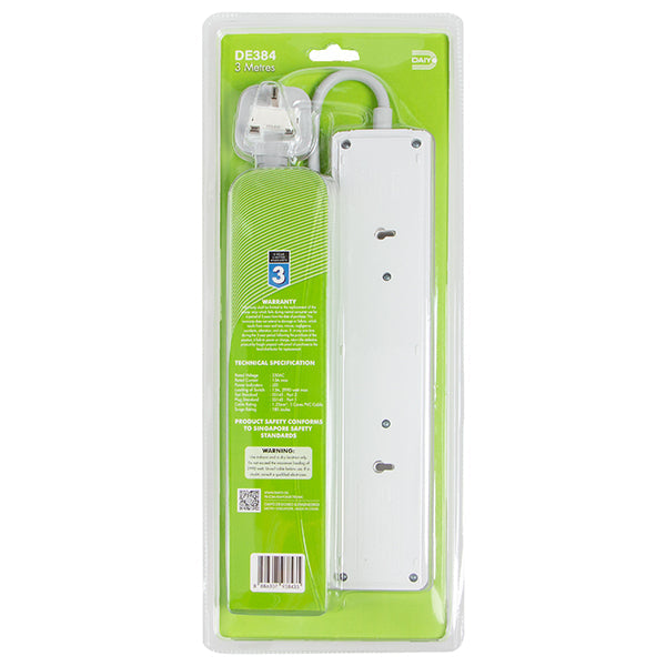 Daiyo DE384-3M LED 4 Way Socket Strip w Surge 3M