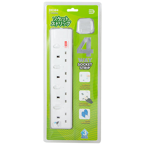 Daiyo DE384-3M LED 4 Way Socket Strip w Surge 3M