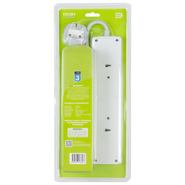 Daiyo DE384-6M LED 4 Way Socket Strip w Surge 6M