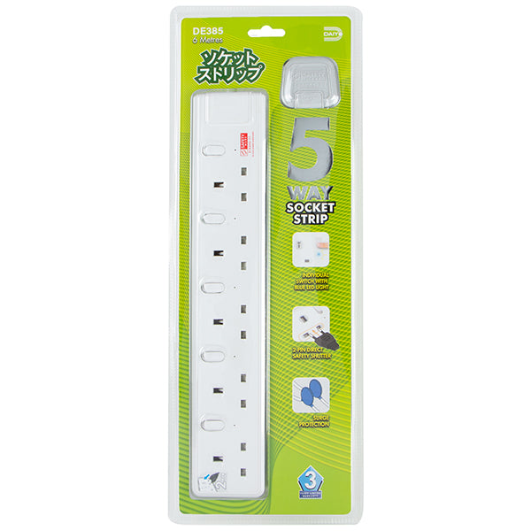 Daiyo DE385-6M LED 5 Way Socket Strip w Surge 6M
