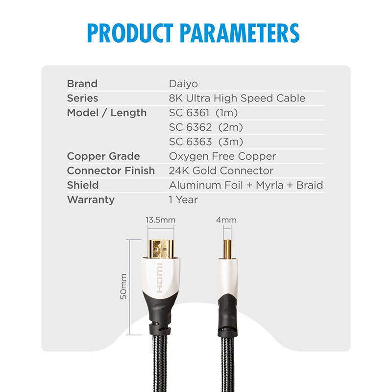 Daiyo 8K UHS HDMI Cable 2.1 Version 3M SC6363