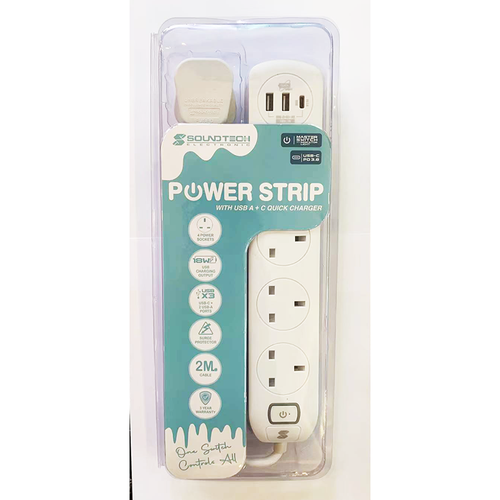 SoundTeoh MS-641 4-Way Extension Socket w/ USB A+C (White)