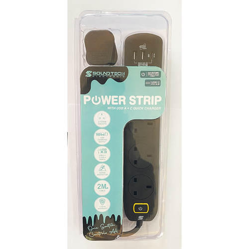 SoundTeoh MS-641 Black 4Way Extension Socket  w/USB A+C