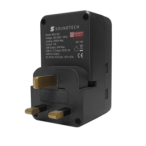 SoundTeoh MAU-320-DGrey  Adaptor with USB A + C Quick Charger (Dark Grey)