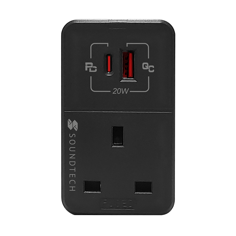 SoundTeoh MAU-320-DGrey  Adaptor with USB A + C Quick Charger (Dark Grey)