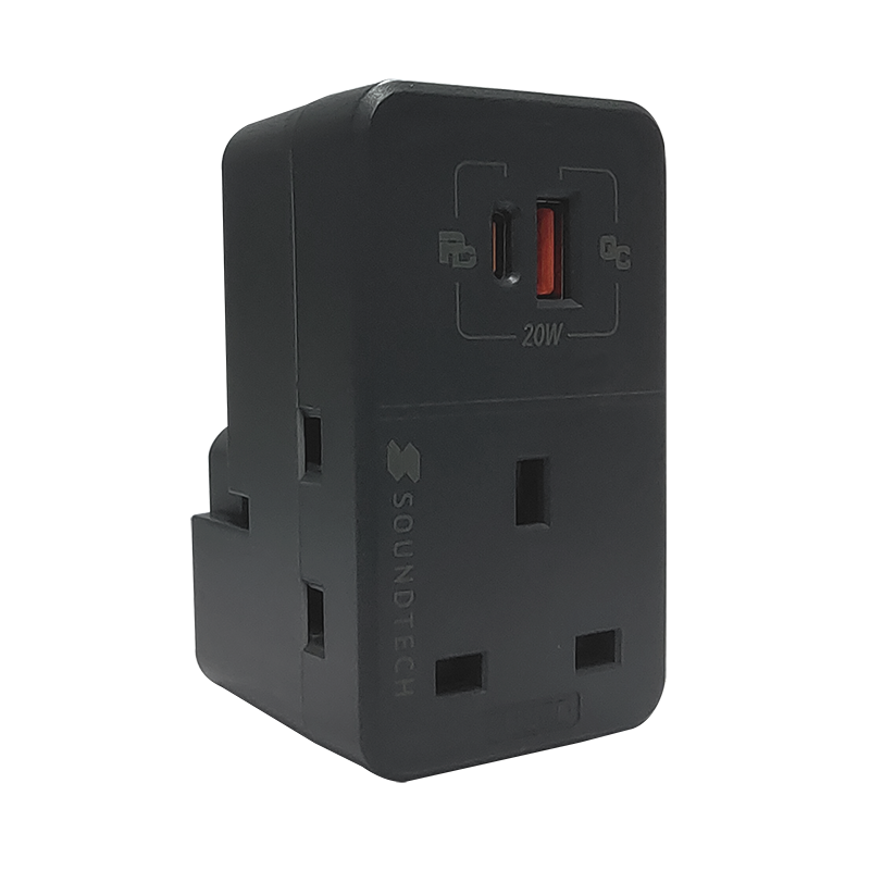 SoundTeoh MAU-320-DGrey  Adaptor with USB A + C Quick Charger (Dark Grey)
