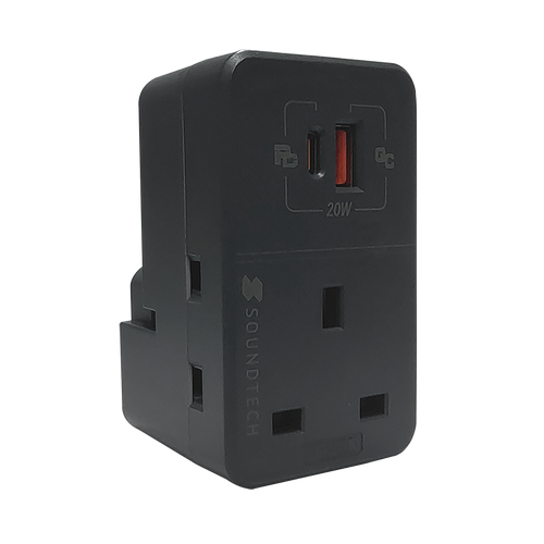 SoundTeoh MAU-320-DGrey  Adaptor with USB A + C Quick Charger (Dark Grey)