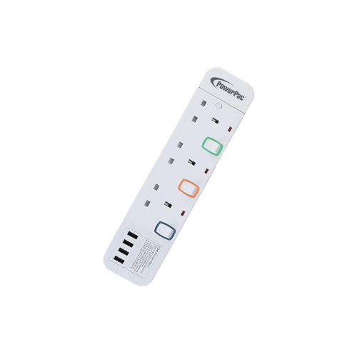 PowerPac PP9113U 3Way 3M Extension Socket with 4XUSB 3.2A (White)