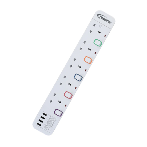 PowerPac PP9115U 5Way 3M Ext. Socket with 4XUSB 3.2A (White)