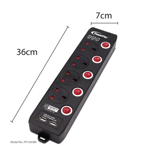 Powerpac PP134UBK 4Way 3M Extension with  2 x USB (Black)