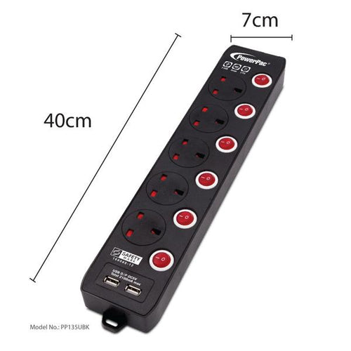 Powerpac PP135UBK 5Way 3M Extension with 2 x USB (Black)