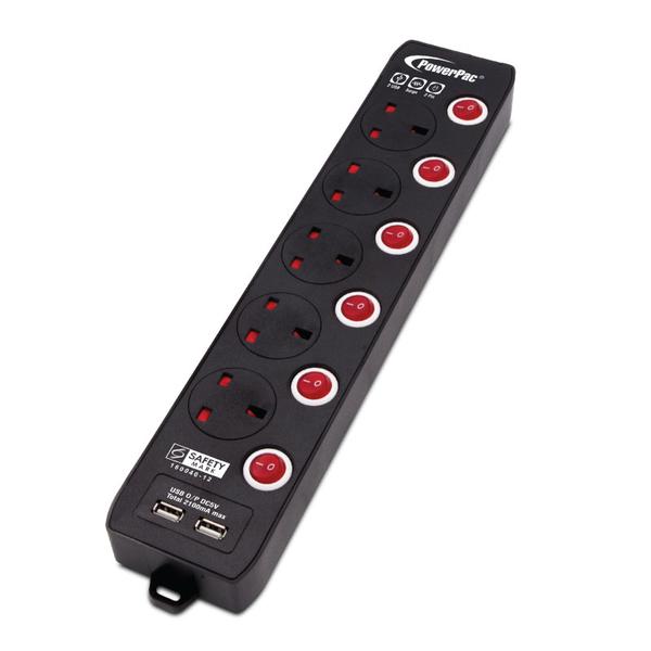 Powerpac PP135UBK 5Way 3M Extension with 2 x USB (Black)