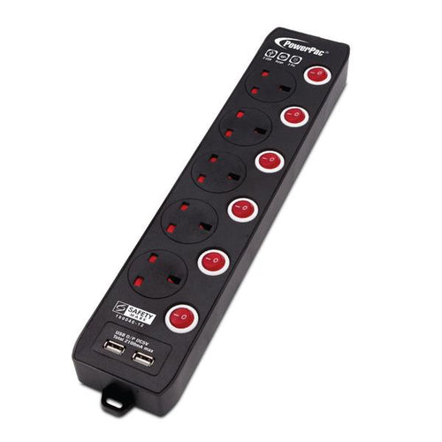 Powerpac PP135UBK 5Way 3M Extension with 2 x USB (Black)