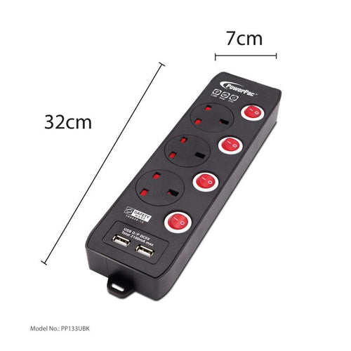 Powerpac PP133UBK 3Way 3M Extension with 2 x USB (Black)
