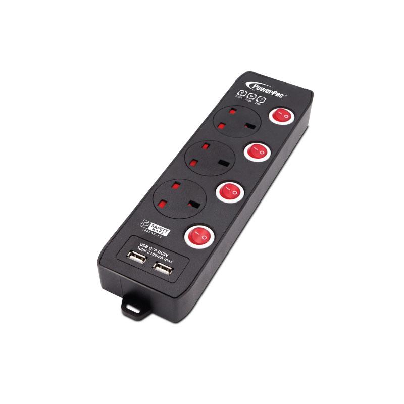 Powerpac PP133UBK 3Way 3M Extension with 2 x USB (Black)