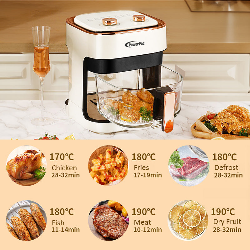 PowerPac PPAF345 Air Fryer, Glass Basket 4.8L