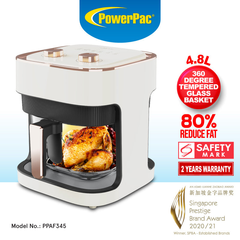 PowerPac PPAF345 Air Fryer, Glass Basket 4.8L