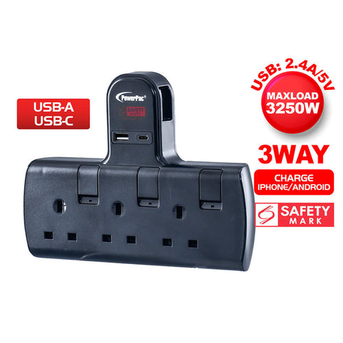 PowerPac PP293UBK  1A+1C 3-Way T Socket with USB (Black)