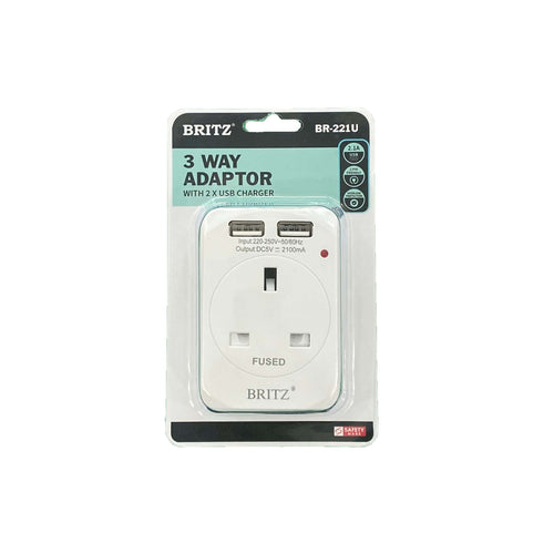 Britz BR-221U 3-Way Adaptor with 2 USB Ports