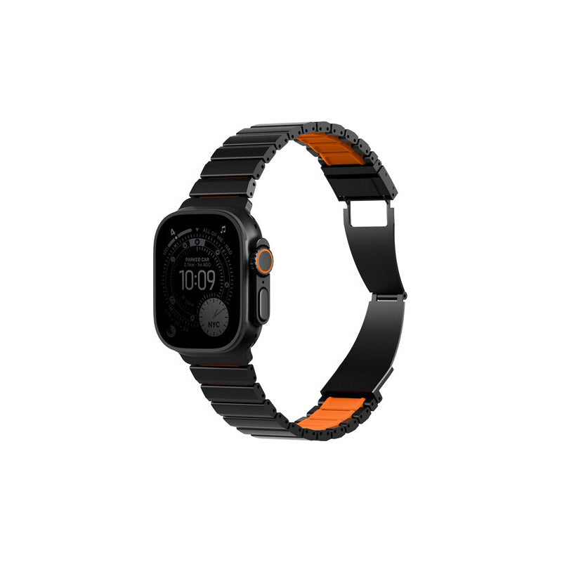 Uniq Strova Flex Apple Watch Self-Adjustable Steel Link Band 49/46/45/44MM - Midnight Black/Volt Orange