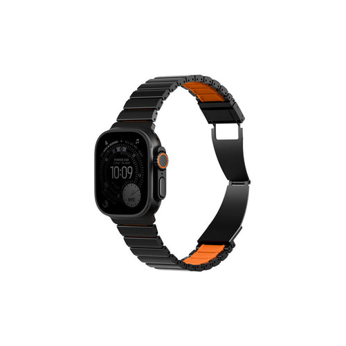 Uniq Strova Flex Apple Watch Self-Adjustable Steel Link Band 49/46/45/44MM - Midnight Black/Volt Orange