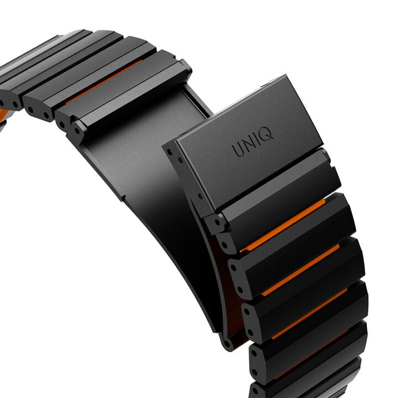 Uniq Strova Flex Apple Watch Self-Adjustable Steel Link Band 49/46/45/44MM - Midnight Black/Volt Orange