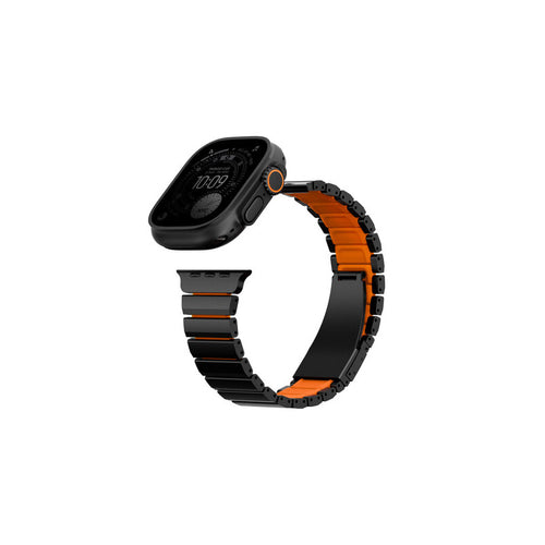 Uniq Strova Flex Apple Watch Self-Adjustable Steel Link Band 49/46/45/44MM - Midnight Black/Volt Orange