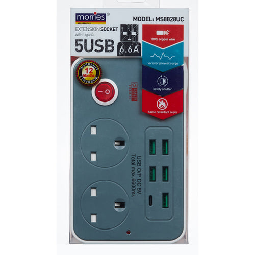Morries MS8828UC 2Way 3M w/5USB 1 Type C Extension (Black)