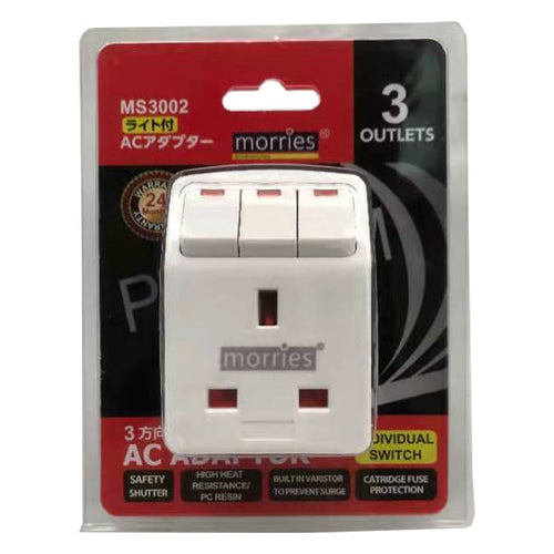 Morries MS3002-CS 3way Adaptor w/Switch & Surge Protection