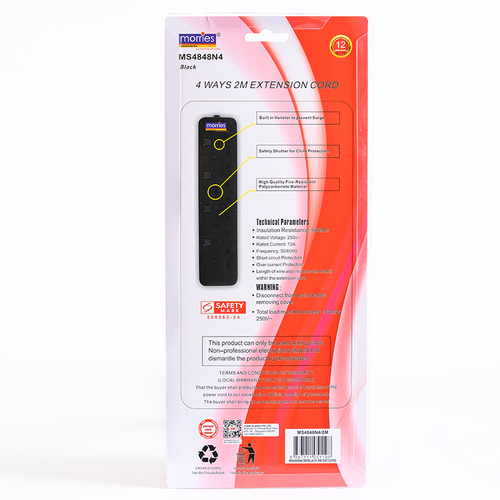 Morries MS4848N4 4Way 2M Extension with Surge (Black)