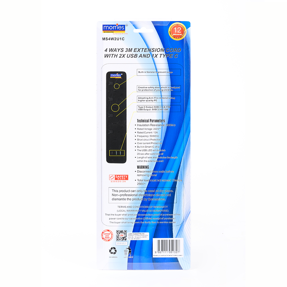 Morries MS4W2U1C 4Way 3M Extension w 2USB + 1 Type C (Black)