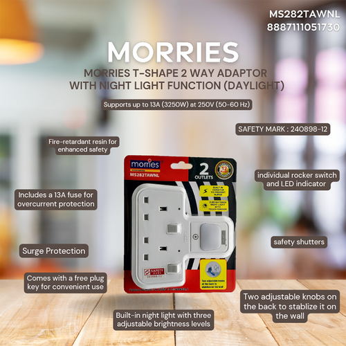 Morries MS282TAWNL T-Shape 2Way Adapter with Night Light Function