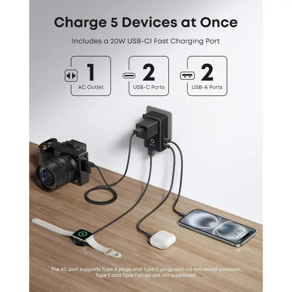 Anker A9215 Nano 5-in-1 Travel Adapter 20W 2C+2A (Black)