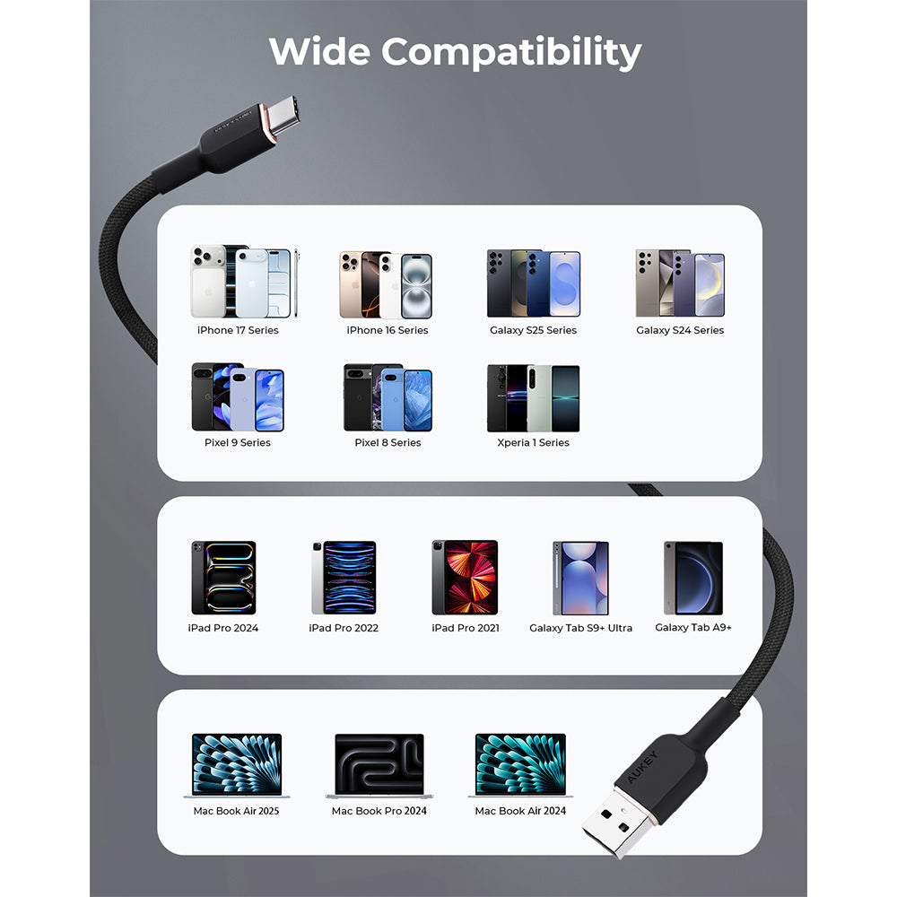 Aukey CB-DAC03 Circlet AC DTY Braided USB-A to USB-C Cable – Black (1M)