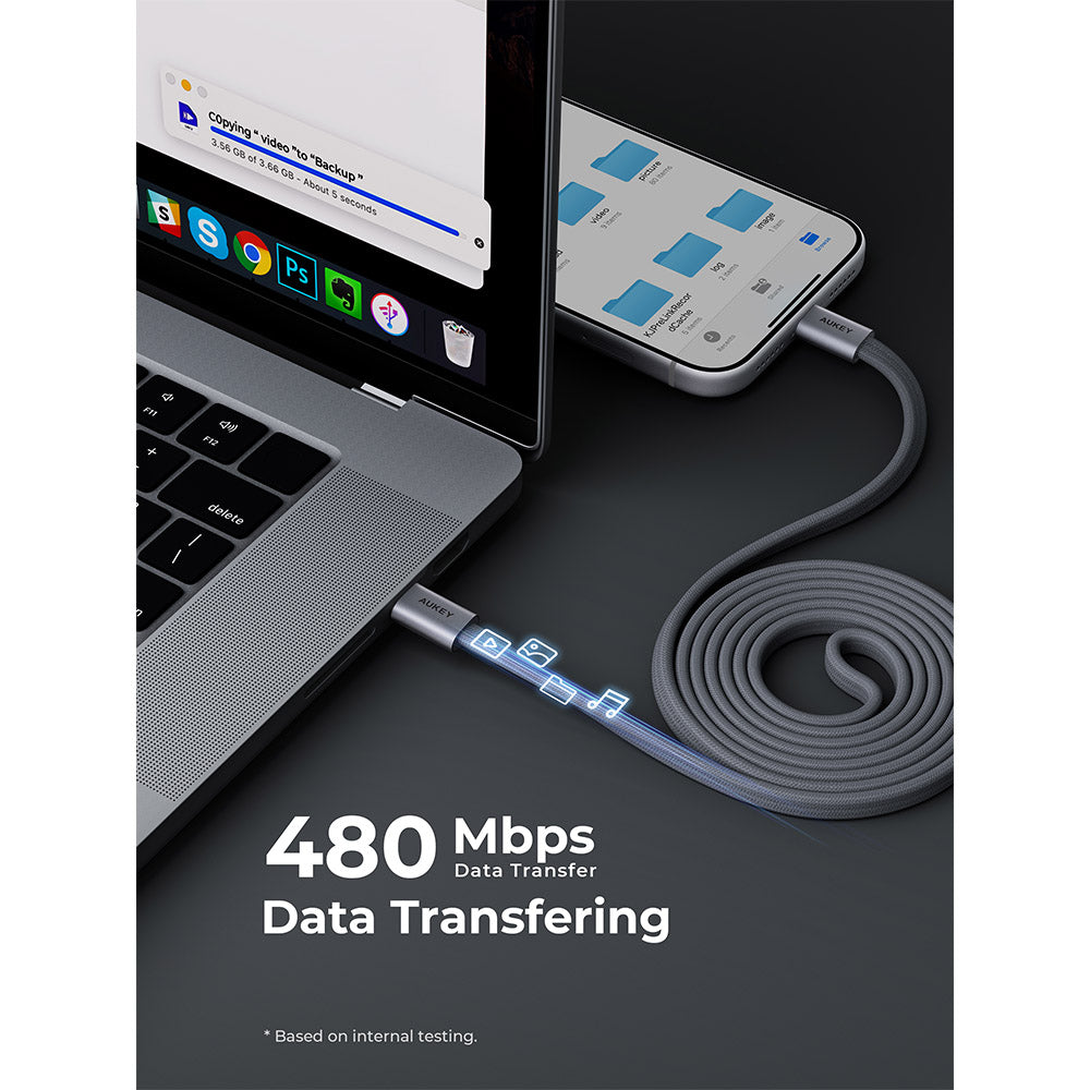 Aukey CB-DCC075 Circlet Blink 60W DTY Braided USB-C to USB-C Magnetic Cable – Grey (1M)