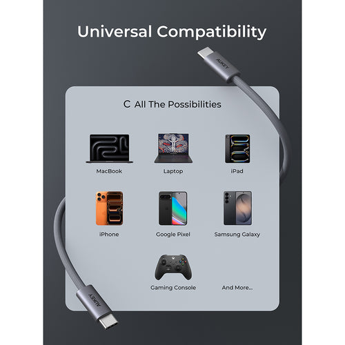Aukey CB-DCC141 Circlet Blink 140W 2-in-1 DTY Braided USB-C to USB-C Cable – Grey (1M)