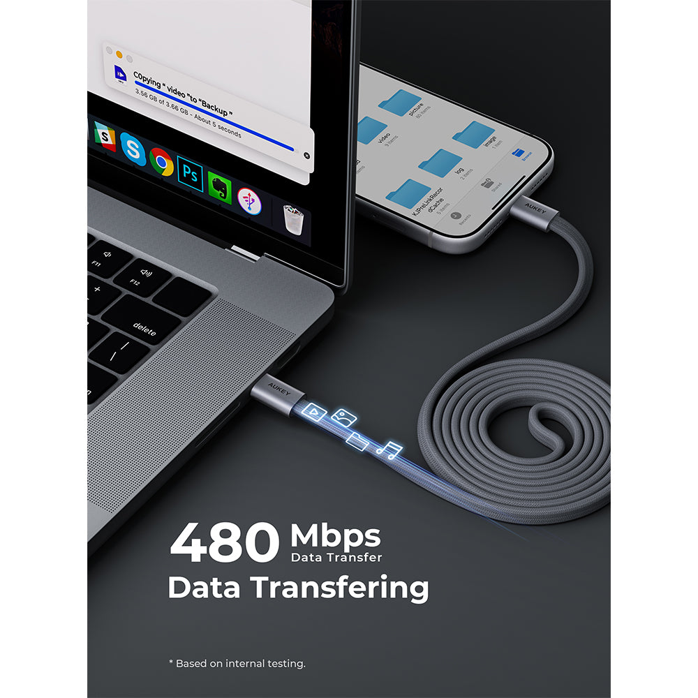 Aukey CB-DCC145 Circlet Blink 140W DTY Braided USB-C to USB-C Magnetic Cable – Grey (1M)