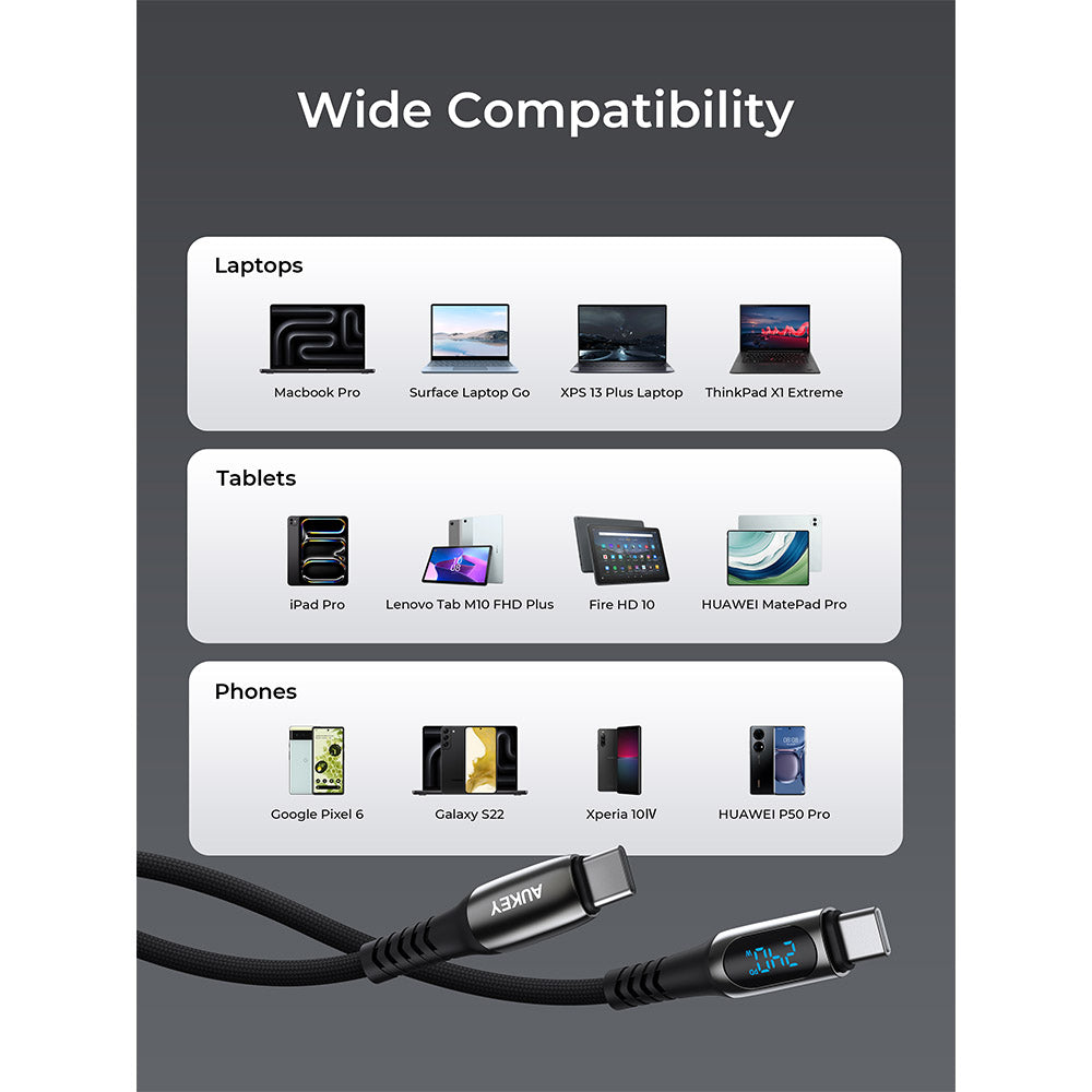 Aukey CB-DCC244 Impulse 240W 2M DTY Braided USB-C to USB-C Cable with LCD Display - Black