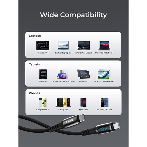 Aukey CB-DCC244 Impulse 240W 2M DTY Braided USB-C to USB-C Cable with LCD Display - Black